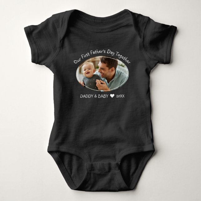 Our First Fathers Day Together Baby Photo Black Bodysuit (Front)