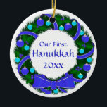 Our First Hanukkah Year Wreath Ornament<br><div class="desc">A simple and lovely with blue and green decorations,  suitable for your "Hanukkah Bush"! Templates front and back,  with "Our First Hanukkah (year) on the front and  the year on the back.</div>