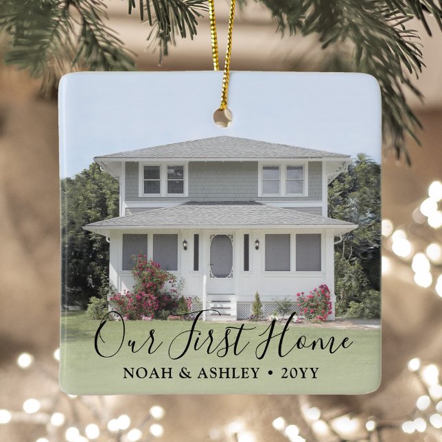 Our First Home 2 Photo Housewarming Black Script Ceramic Ornament (Creator Uploaded)