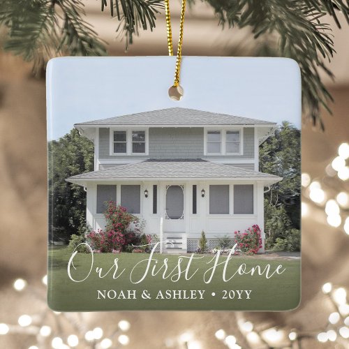 Our First Home 2 Photo Housewarming White Script Ceramic Ornament