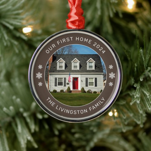 Our First Home Brown Personalized Photo Metal Ornament