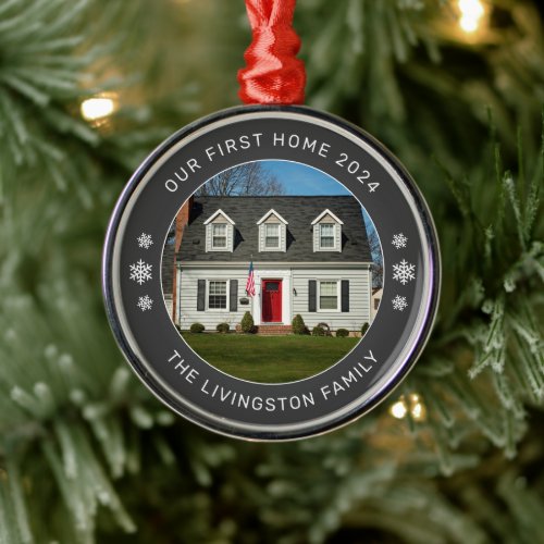 Our First Home Charcoal Gray Personalized Photo Metal Ornament