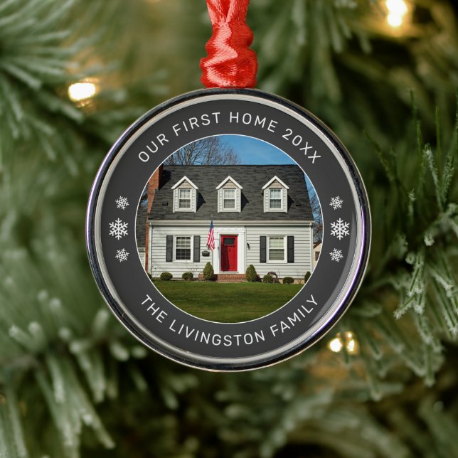 Our First Home Charcoal Gray Personalized Photo Metal Ornament (Tree)