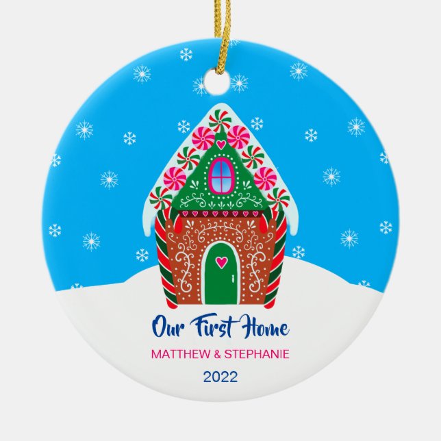 Our First Home Christmas Gingerbread House Blue Ceramic Ornament (Front)