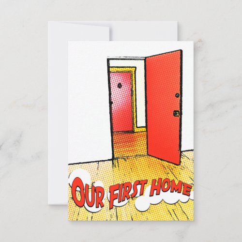 our first home comic door invitation