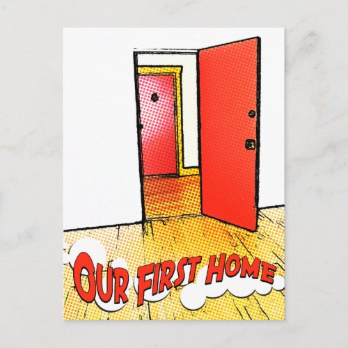 our first home comic door postcard