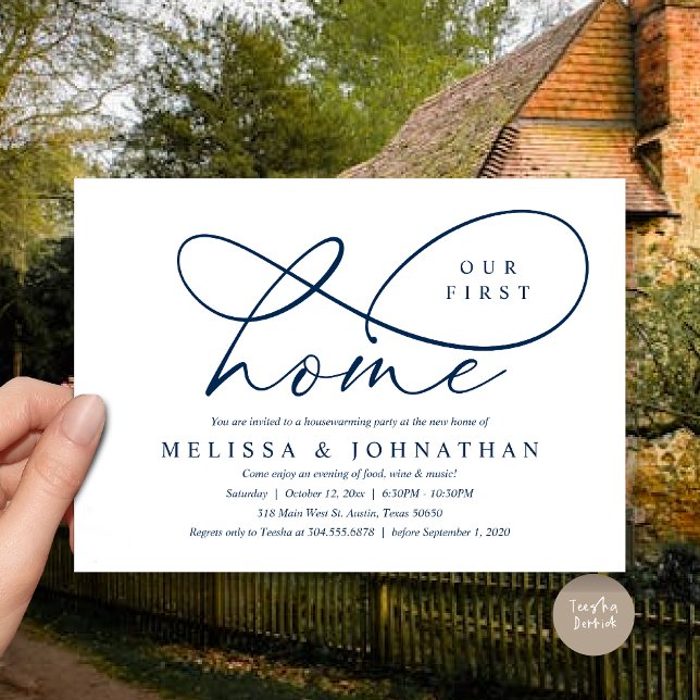 Our First Home, Cozy Housewarming Party Invitation (Our First Home, Cozy Lovely Housewarming Party Invitation Card, PDF, Lovely Cozy Romantic Navy Blue)