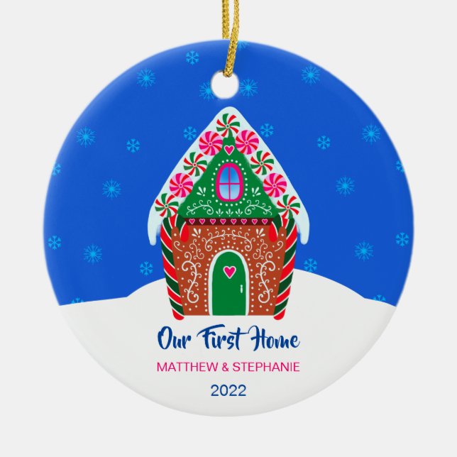 Our First Home Gingerbread House Elegant Blue Ceramic Ornament (Front)