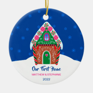 Our First Home Gingerbread House Night Blue Ceramic Ornament