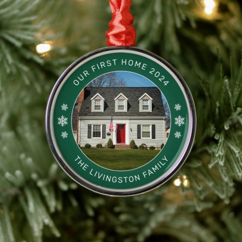 Our First Home Green Personalized Photo Metal Ornament