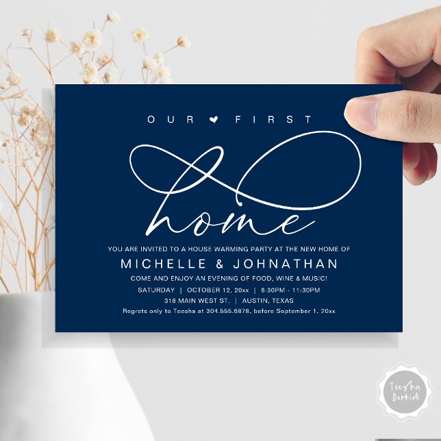 Our first home, Modern Housewarming party Invitation (Our First Home, New Housewarming Party Invitation Card, PDF, Modern Romantic Script, Navy Blue)
