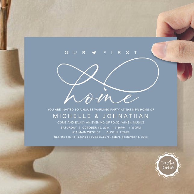 Our first home, Modern Housewarming party Invitation (Our First Home, New Housewarming Party Invitation Card, PDF, Modern Romantic Script, Dusty Blue)