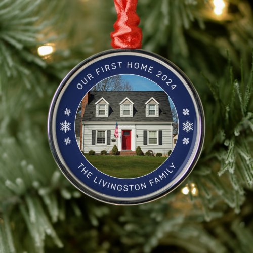 Our First Home Navy Personalized Photo Metal Ornament