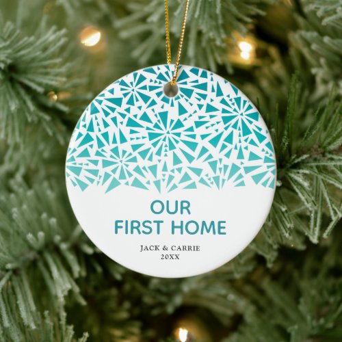Our First Home Personalized Blue Fractal Pattern Ceramic Ornament