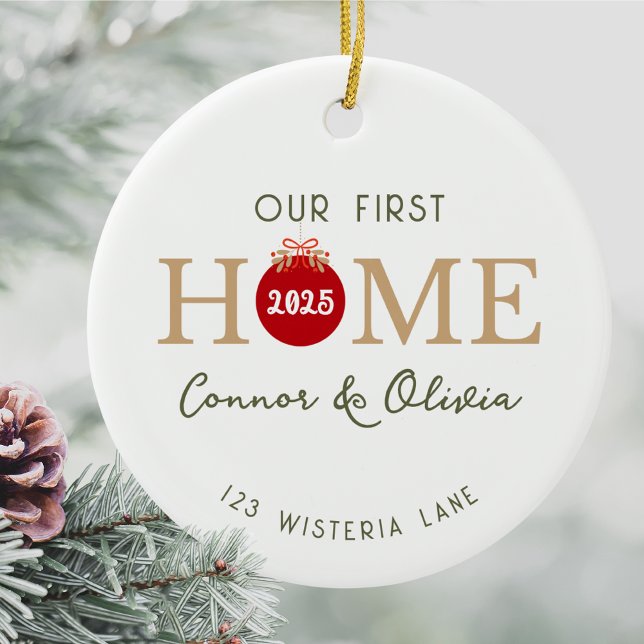 Our First Home Personalized Names Address Year Ceramic Ornament (Our first home personalized Christmas ornament custom names address year minimalist housewarming)