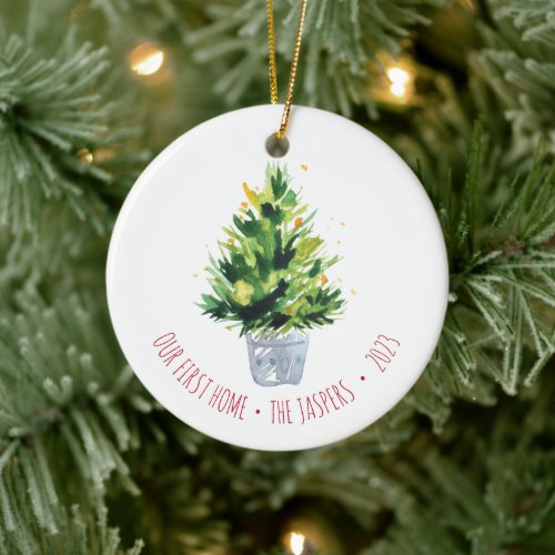 Our First Home Personalized Potted Christmas Tree Ceramic Ornament