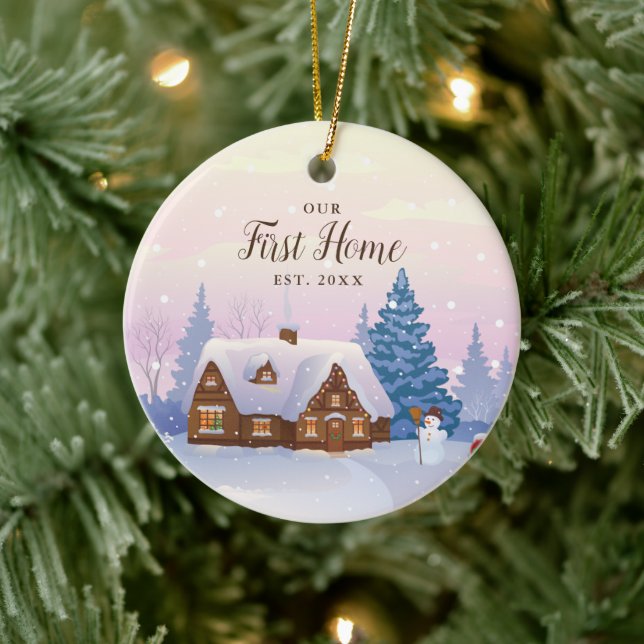 Our First Home Personalized Rustic Log Cabin Ceramic Ornament (Tree)