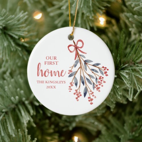 Our First Home Personalized Watercolor Holly Sprig Ceramic Ornament