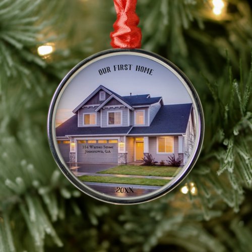 Our First Home Photo  Personalized with Address  Metal Ornament