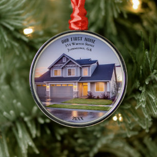 Our First Home Photo Personalized with Address Metal Ornament