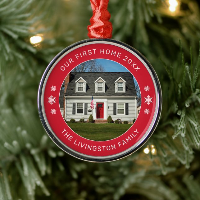 Our First Home Red Personalized Photo Metal Ornament (Tree)