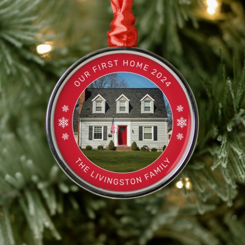 Our First Home Red Personalized Photo Metal Ornament