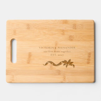 Our First Home Together Champagne Ribbon Newlywed Engraved Cutting Board