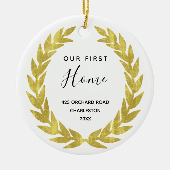 Our First Home | White and Gold Housewarming Ceramic Ornament (Front)