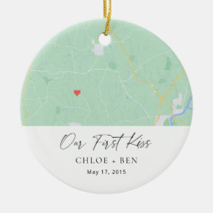 Our First Kiss Personalized Map Ceramic Ornament
