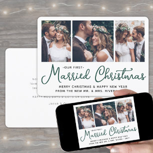 Our First Married Christmas 3 Wedding Photos Green Holiday Card