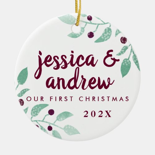 Our First Married Christmas Floral Photo Ceramic Ornament