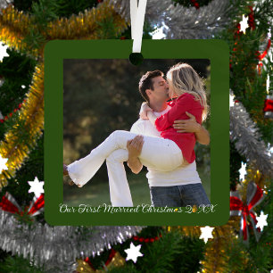 Our First Married Christmas Green Frame Metal Ornament