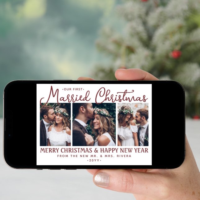 Our First Married Christmas Newlyweds 4 Photo Red Holiday Card (Front Digital)