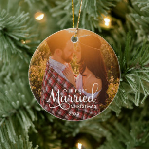 OUR FIRST MARRIED CHRISTMAS Photo Ceramic Ornament