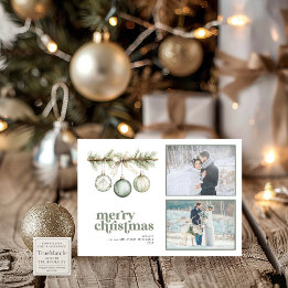 Our First Married Christmas Pine Ornament 2 Photo Holiday Card