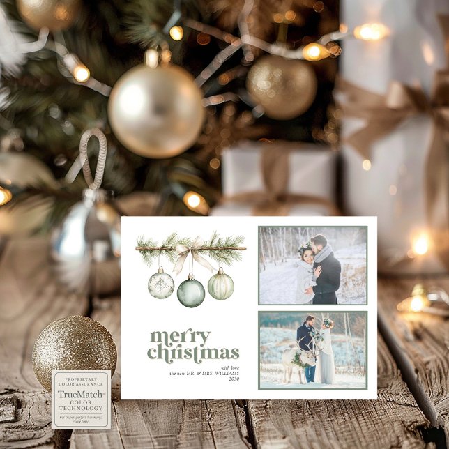 Our First Married Christmas Pine Ornament 2 Photo Holiday Card (Creator Uploaded)