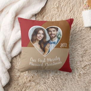 Our First Merrily Married Christmas Custom Photo Throw Pillow