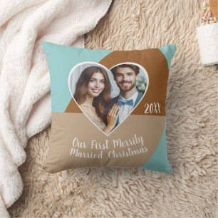 Our First Merrily Married Christmas Custom Photo Throw Pillow