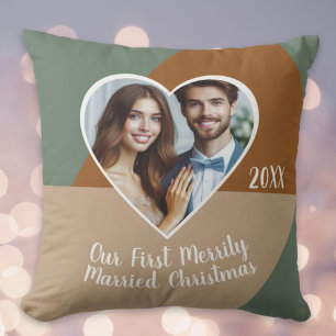 Our First Merrily Married Christmas Custom Photo Throw Pillow