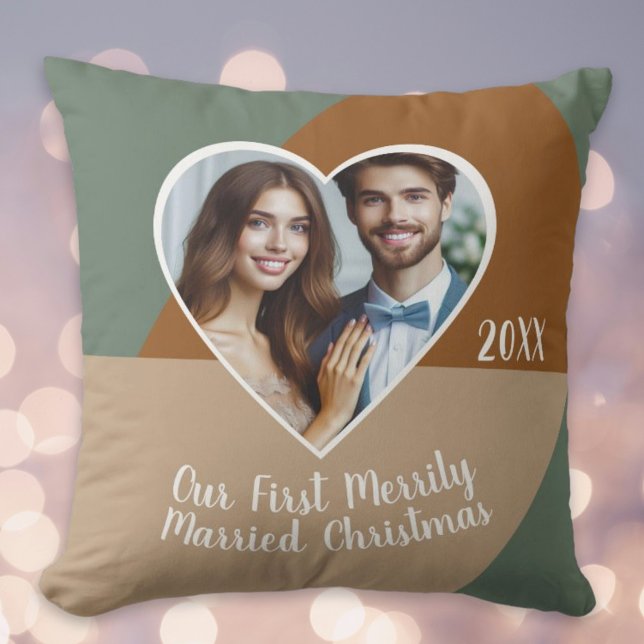 Our First Merrily Married Christmas Custom Photo  Throw Pillow (Our First Merrily Married Christmas Custom Photo Throw Pillow)