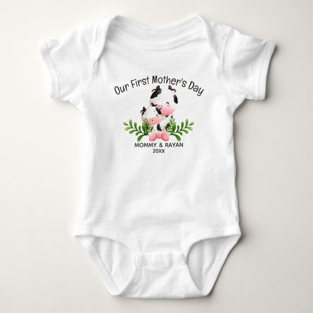 Our First Mother's Day, Baby Cow custom name Baby Baby Bodysuit (Front)