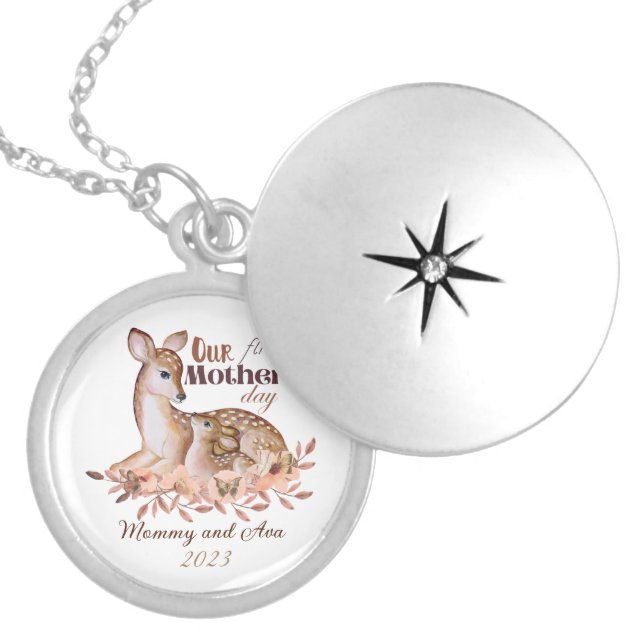 Our first mother's day | Deer with baby  Locket Necklace (Front)
