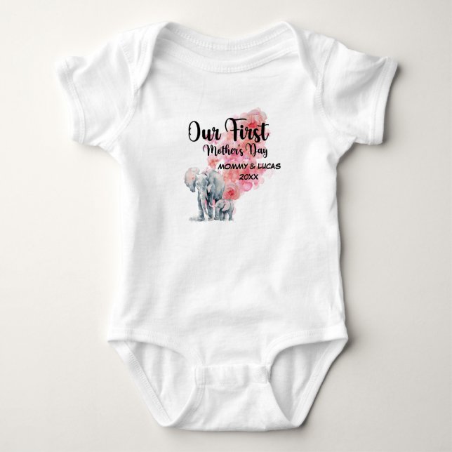 Our First Mother's Day Mom And Baby Elephants Baby Bodysuit (Front)