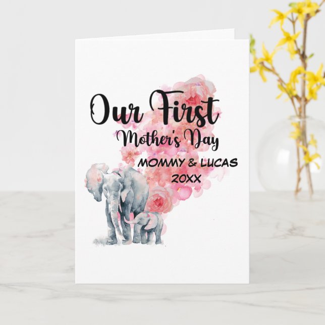 Our First Mother's Day Mom And Baby Elephants Card (Yellow Flower)