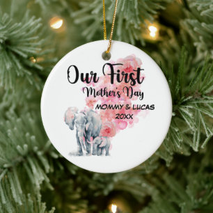 Our First Mother's Day Mom And Baby Elephants Ceramic Ornament