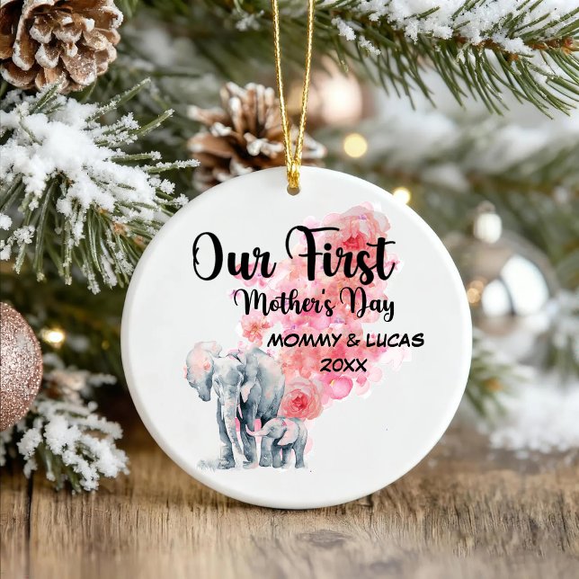 Our First Mother's Day Mom And Baby Elephants Ceramic Ornament (Creator Uploaded)