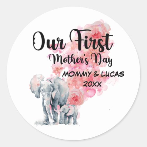 Our First Mothers Day Mom And Baby Elephants Classic Round Sticker