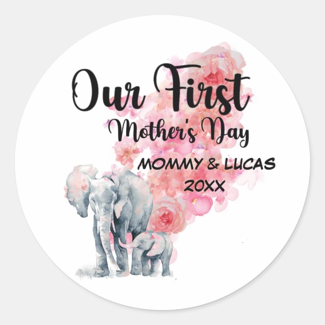 Our First Mother's Day Mom And Baby Elephants Classic Round Sticker (Front)