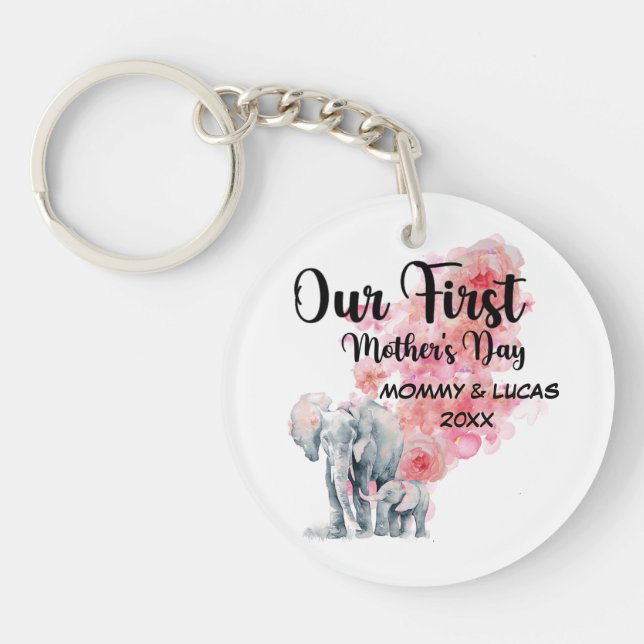 Our First Mother's Day Mom And Baby Elephants Keychain (Front)