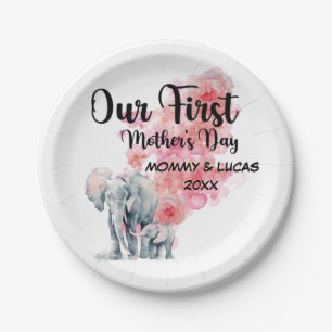 Our First Mother's Day Mom And Baby Elephants Paper Plates
